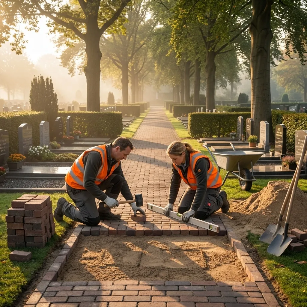 Twee medewerkers herstellen een verzakt pad tussen de graven.