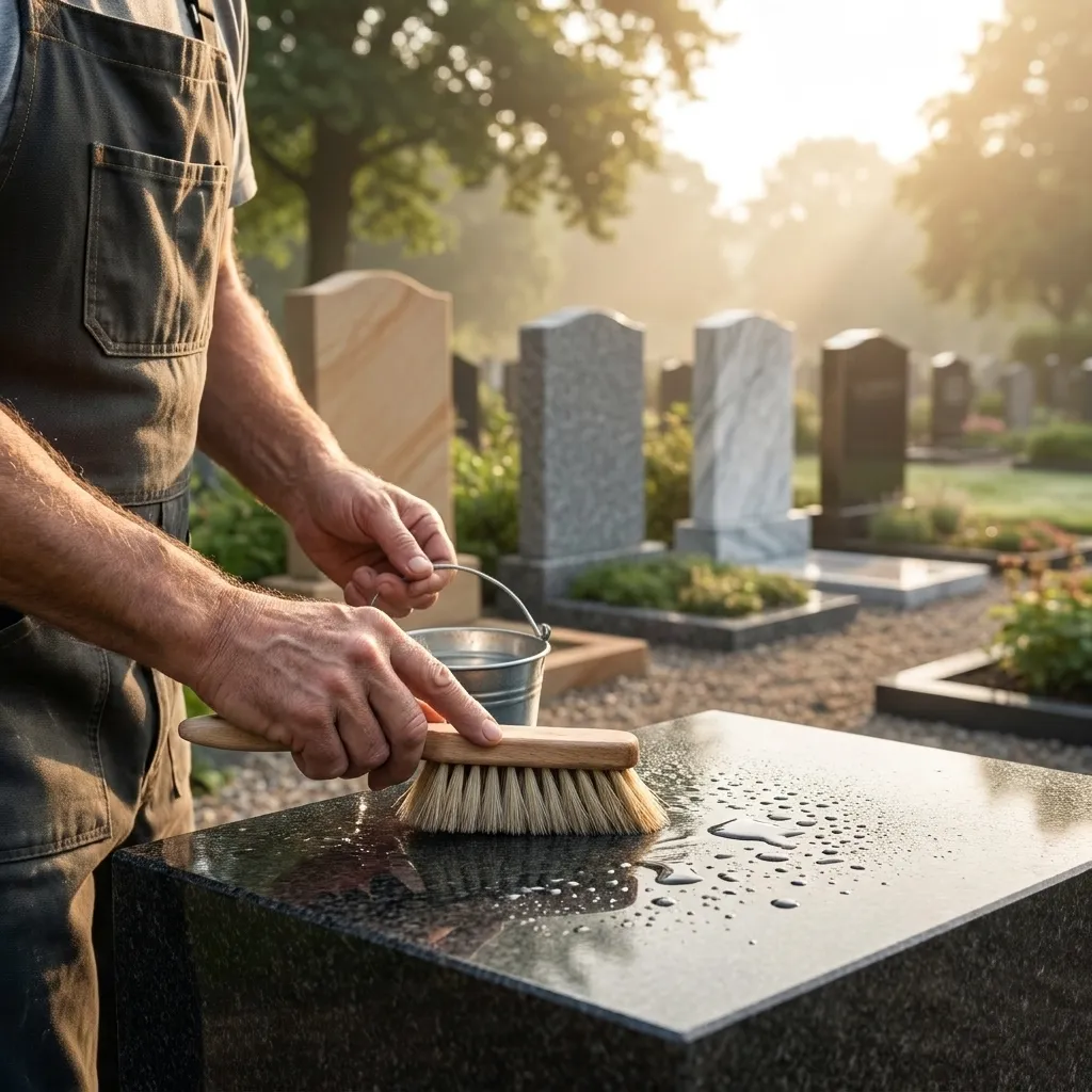 Een steenhouwer reinigt een granieten grafmonument met een zachte borstel.