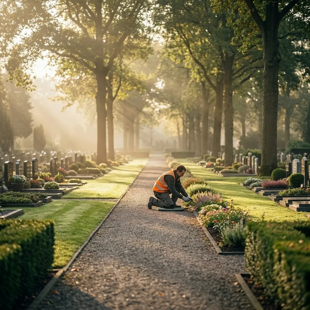 Een hovenier verzorgt de beplanting langs een laan op een begraafplaats.